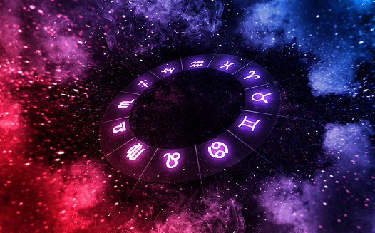 Zodiac signs inside of horoscope circle on universe. Astrology and horoscopes